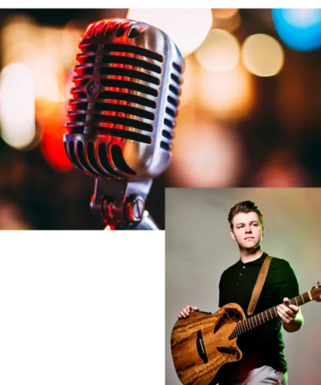 Man playing drums and woman singing at live event. Tiktok promote.
